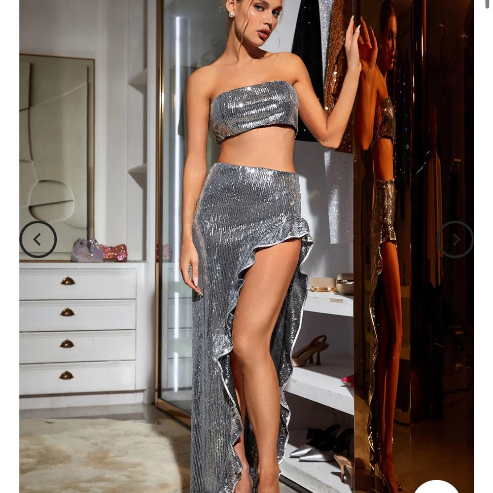 High Split Ruffle Two Pieces Sequin Dress Set-Silver - Picture 4 of 6